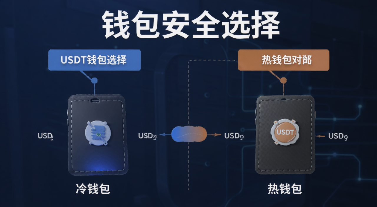 USDT钱包安全吗 冷钱包和热钱包对比图,USDT钱包安全主题,包含文字“钱包安全选择”