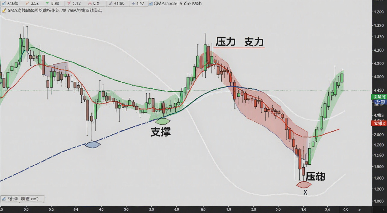 SMA均线实战买卖点标注图,展示价格回踩均线支撑和跌破均线反抽的案例,文字标注“支撑”和“压力”