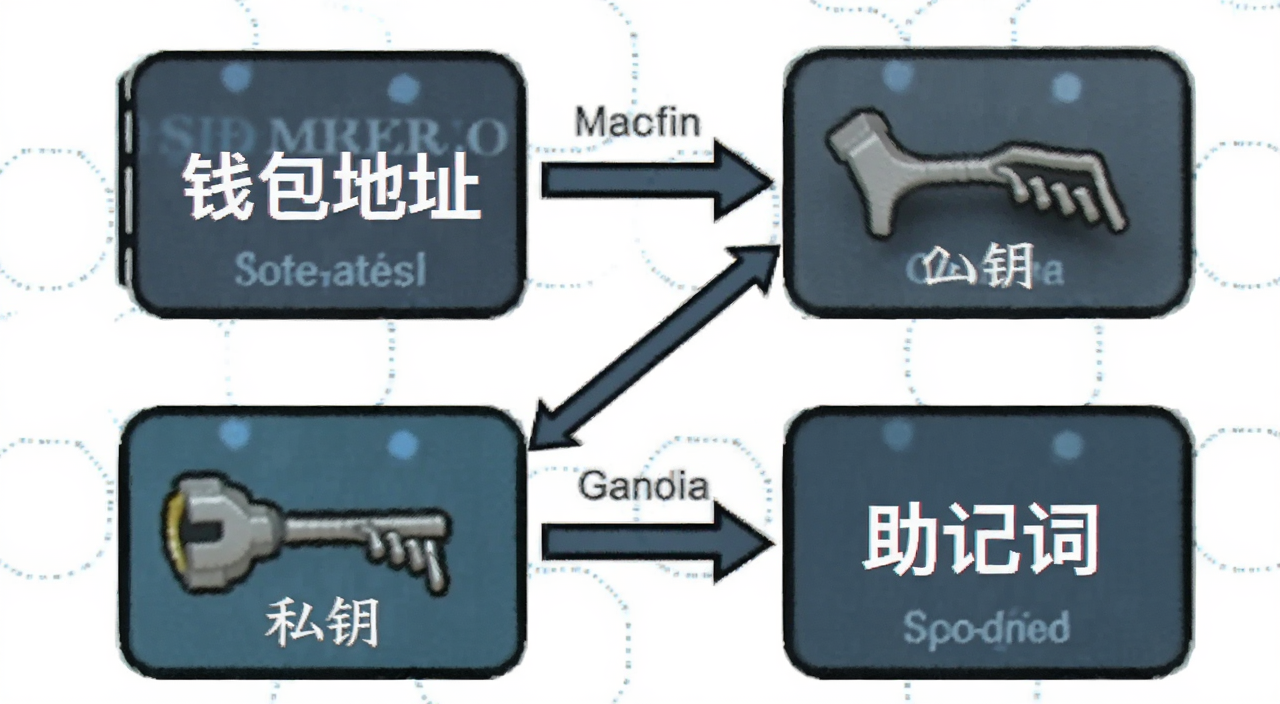 加密货币钱包地址与公钥私钥助记词关系示意图,包含钱包地址、公钥、私钥、助记词四个核心概念,用箭头标注派生关系,文字标注“钱包地址”“公钥”“私钥”“助记词”
