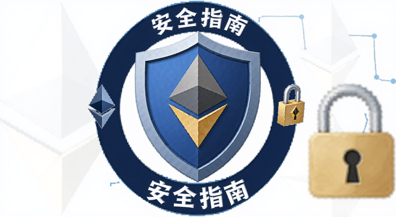 一个盾牌形状的安全图标,周围环绕以太坊标志和锁,文字标注“安全指南”,