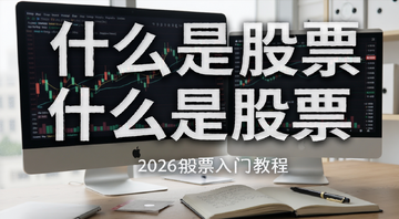 2026年股票入门教程封面图,画面中有股票K线图、电脑屏幕和笔记本,标注
