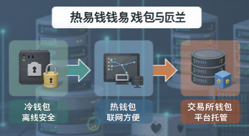 冷钱包与热钱包及交易所钱包区别对比示意图,图中文字标注“冷钱包 离线安全”“热钱包 联网方便”“交易所钱包 平台托管”
