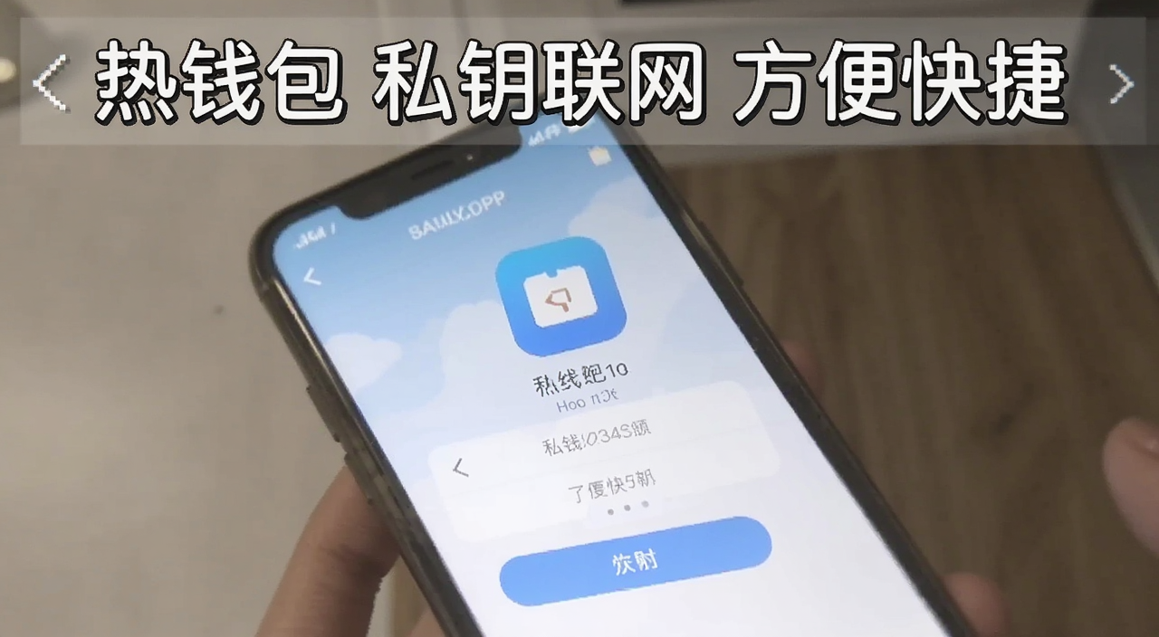 热钱包手机App界面操作截图示意图,图中文字标注“热钱包 私钥联网 方便快捷”