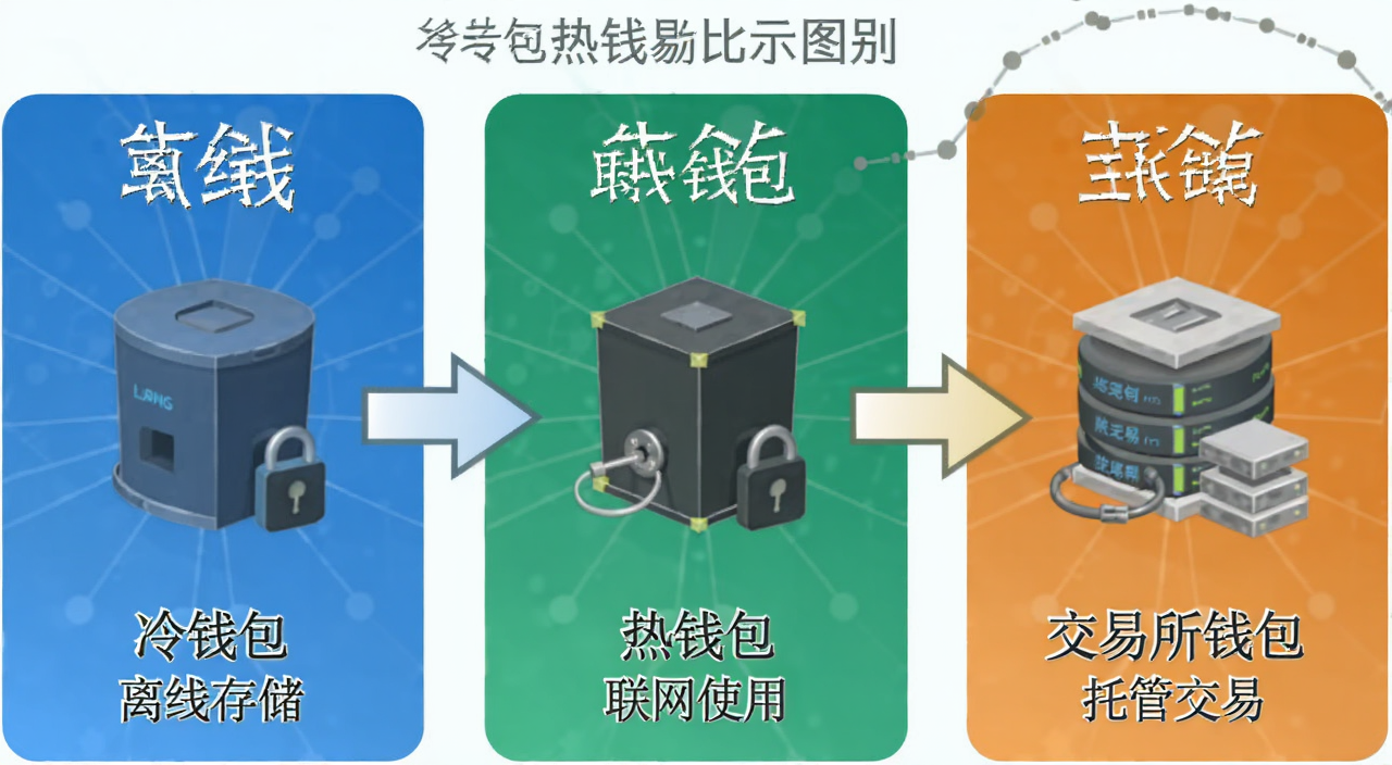 冷钱包热钱包交易所钱包三者区别对比示意图,图中标注冷钱包离线存储、热钱包联网使用、交易所钱包托管交易字样