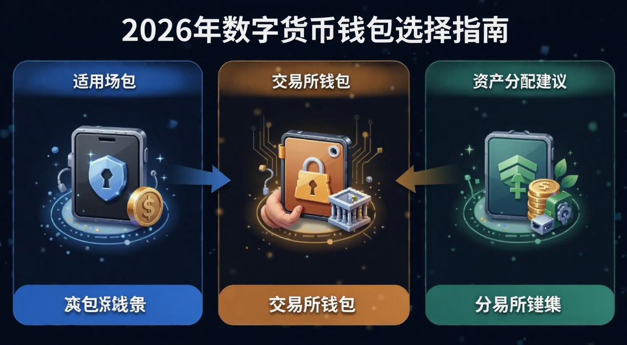 2026年数字货币钱包选择指南信息图,展示冷钱包热钱包交易所钱包适用场景和资产分配建议