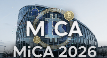 欧盟加密资产市场法规MiCA标志性建筑与数字货币符号融合概念图,图中文字标注“MiCA 2026”