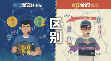 炒币中现货与合约的详细区别对比图,左边画现货持有币种,右边画合约杠杆多空方向,中间用“区别”二字标注,扁平插画风格