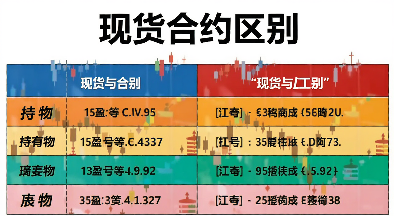 现货与合约区别表格图,包含持有物杠杆盈亏等对比,文字标注“现货合约区别”