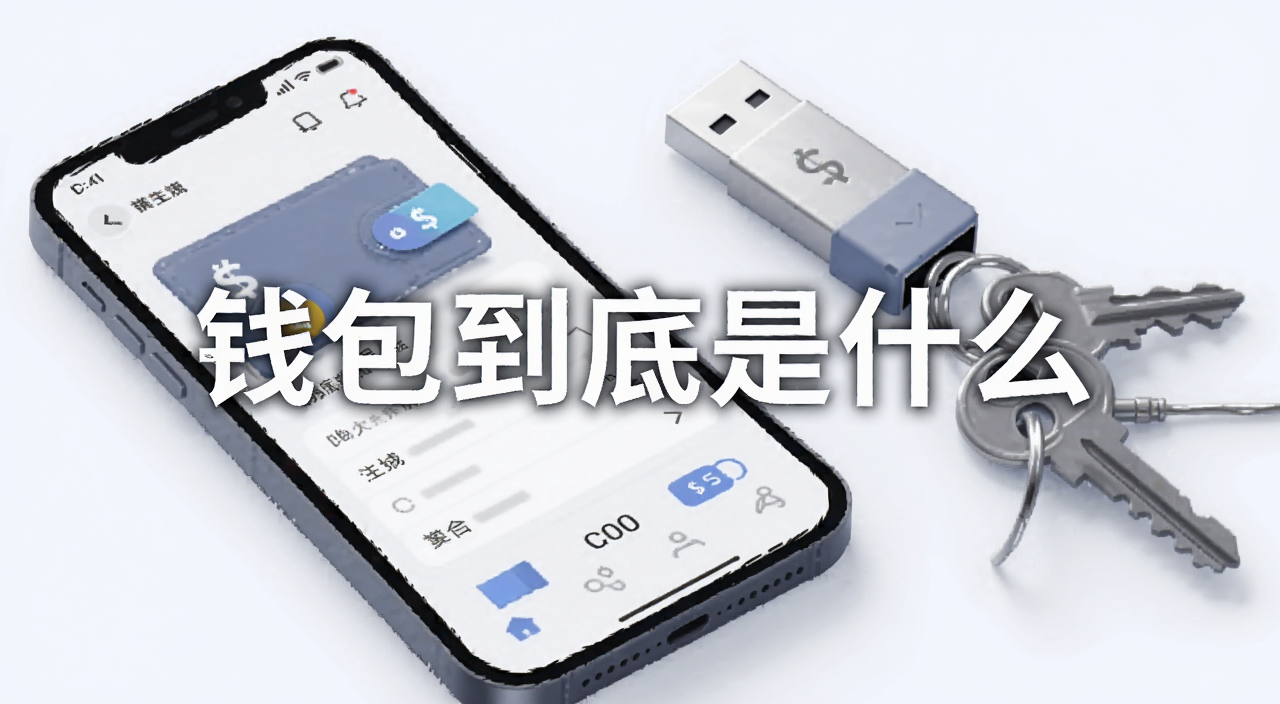 一张手机屏幕显示数字货币钱包界面旁边放着U盘和钥匙的插画,画面中间标注“钱包到底是什么”几个大字,整体风格简洁科技感