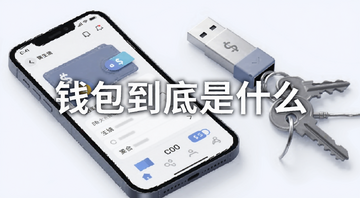 一张手机屏幕显示数字货币钱包界面旁边放着U盘和钥匙的插画,画面中间标注“钱包到底是什么”几个大字,整体风格简洁科技感