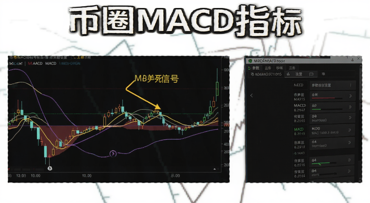 币圈MACD指标信号解读与参数设置实战攻略示意图,图中包含MACD金叉死叉信号标注和参数设置界面,文字注明“币圈MACD指标”