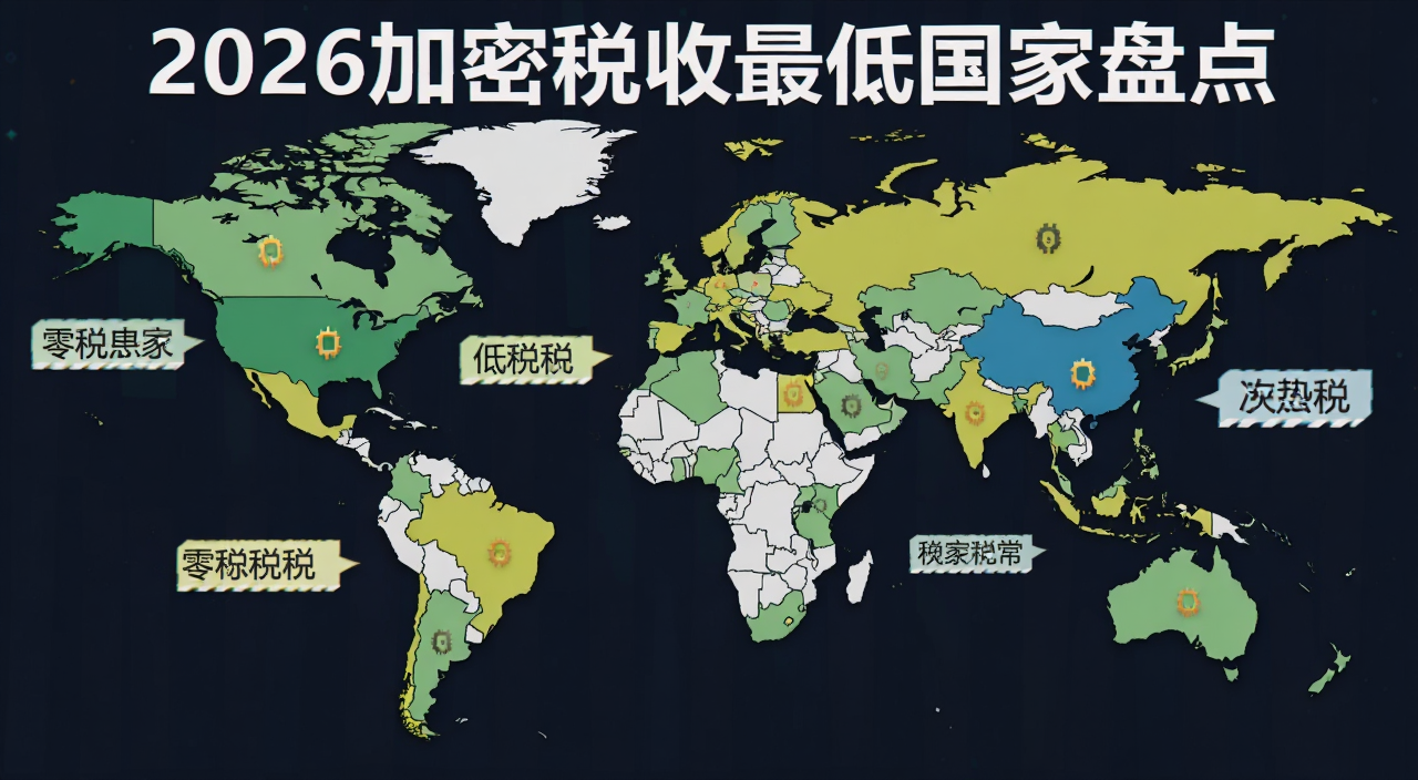 加密货币税收最低国家2026年全球地图,标注零税和低税国家位置,文字注明“2026加密税收最低国家盘点”