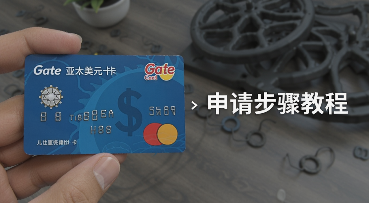 Gate Card亚太美元卡申请教程配图,画面为一张带有Gate Card字样的虚拟美元卡展示图,旁边配文字“申请步骤教程”