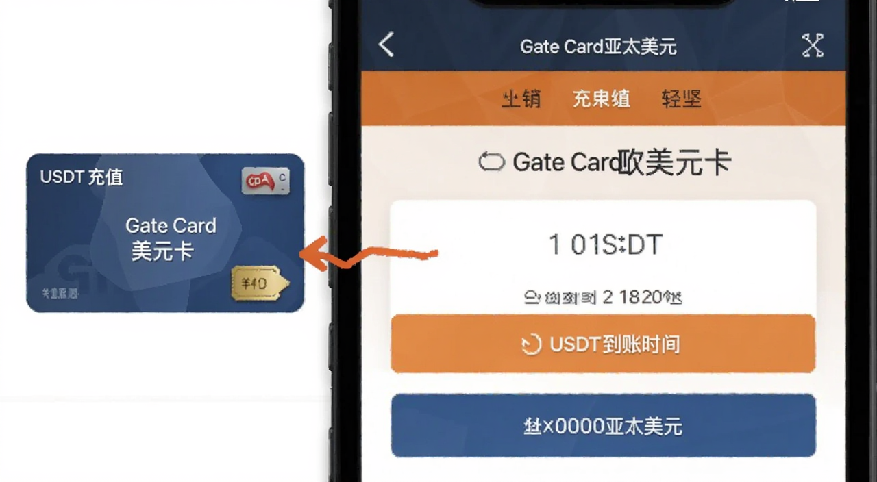 Gate Card亚太美元卡充值界面示意图,图中标注USDT充值入口和到账时间,关键词Gate Card亚太美元卡