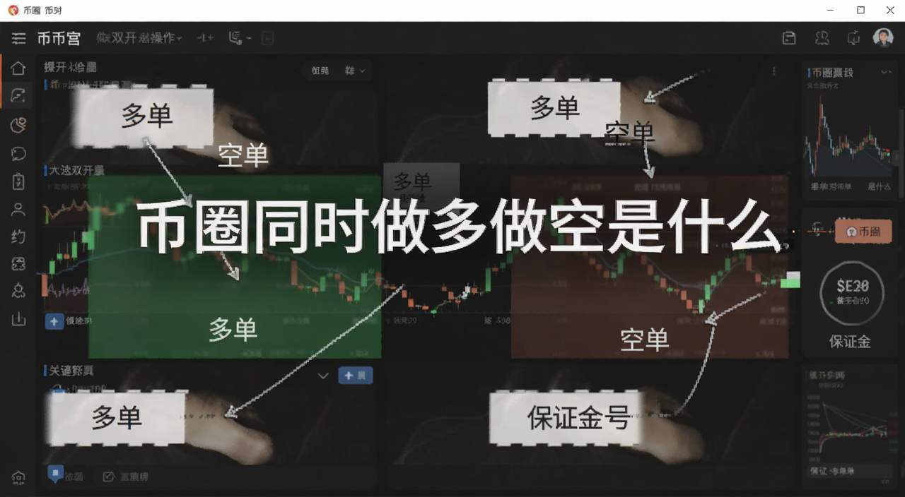 币圈合约多空双开操作界面示意图,关键词必须包含“币圈同时做多做空是什么”核心关键字,图中用“多单”“空单”“保证金”号来注明