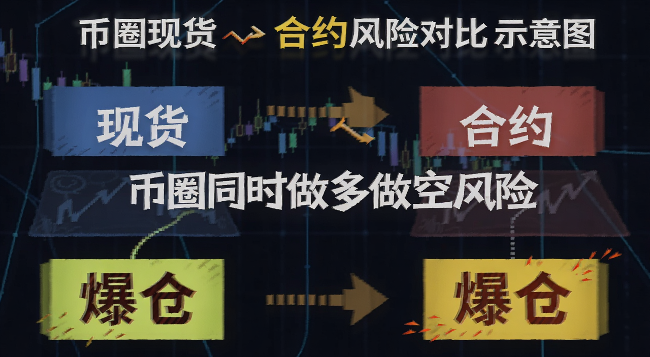 币圈现货与合约风险对比示意图,关键词包含“币圈同时做多做空风险”核心关键字,图中用“现货”“合约”“爆仓”号来注明