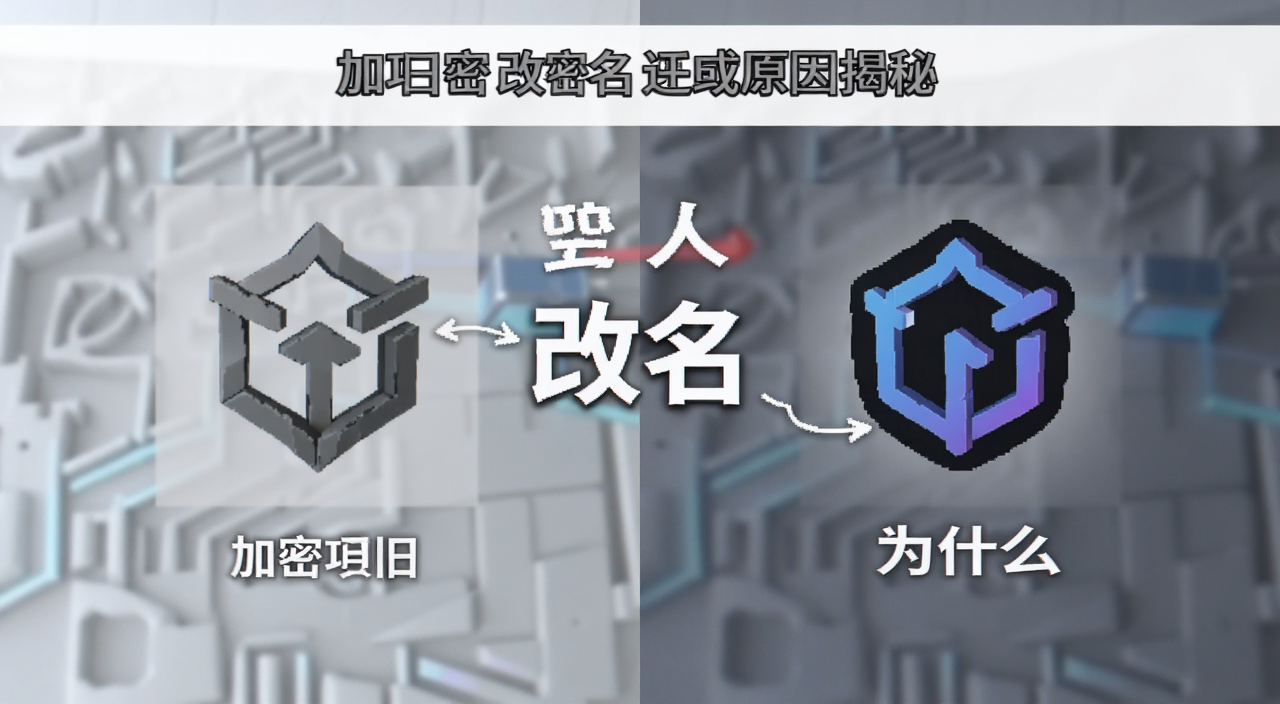 加密项目改名原因揭秘 配图展示一个加密项目Logo从旧到新的变化过程 文字标注“改名”和“为什么”