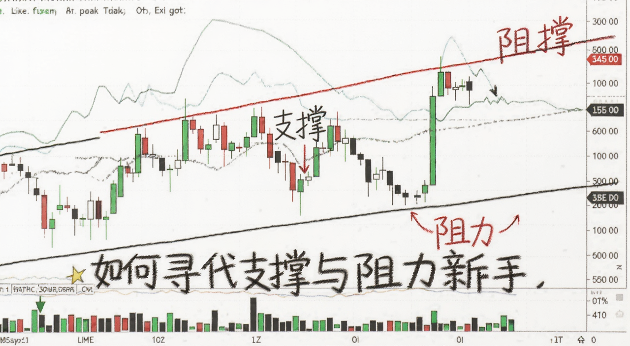 如何寻找支撑与阻力新手教程封面图,图中包含K线图上的支撑线和阻力线,文字注明“支撑”和“阻力”
