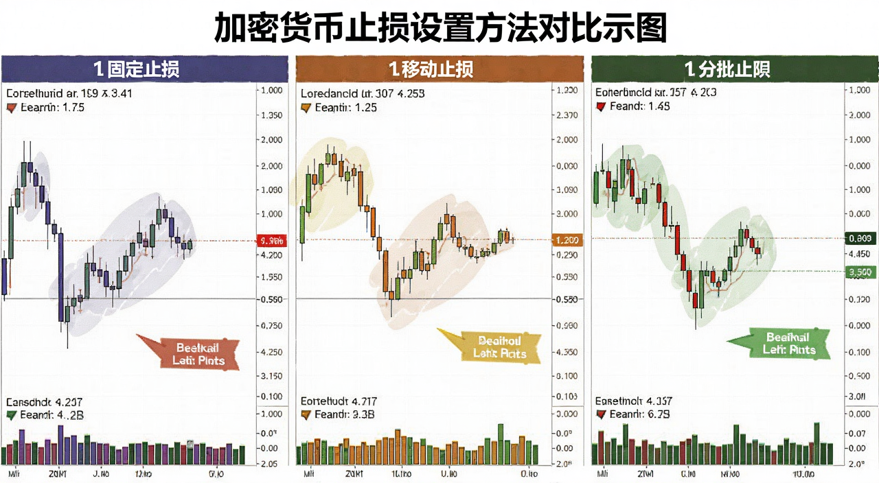 加密货币止损设置方法对比示意图,展示固定止损、移动止损、分批止损三种方式的K线走势对比,用不同颜色标注止损触发点