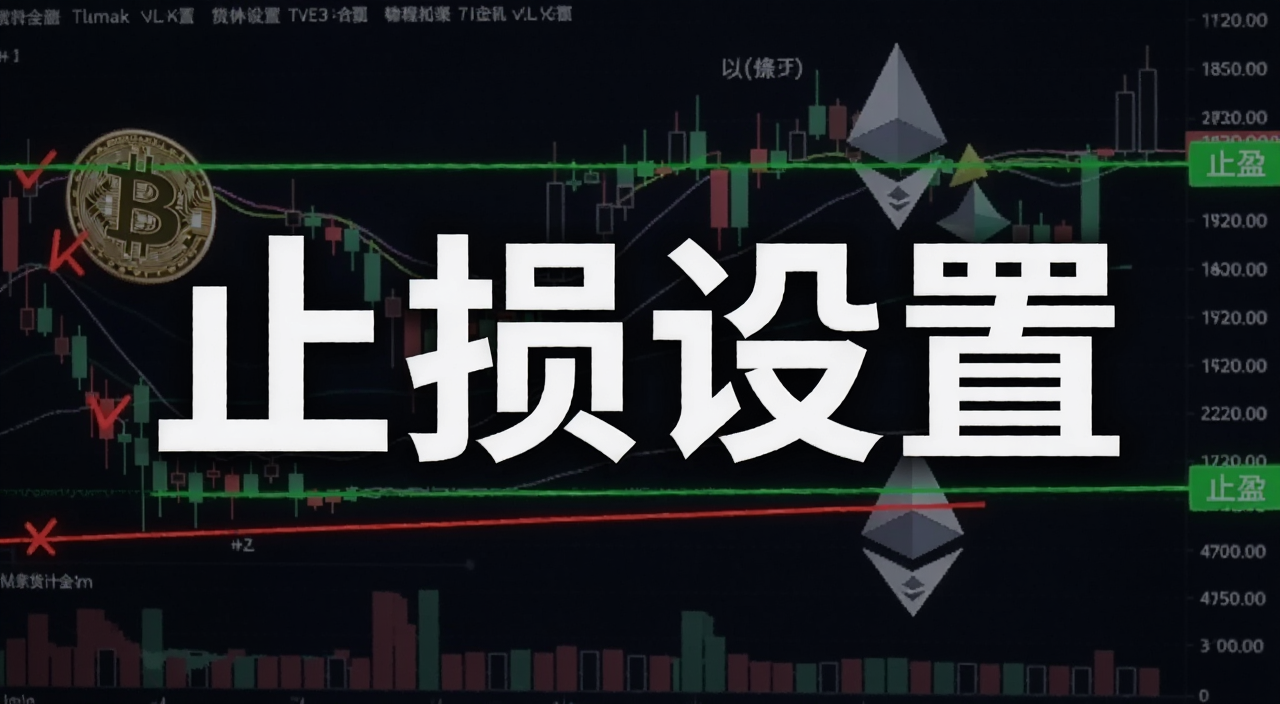 加密货币止损设置方法教程封面图,画面中央用粗体大字标注“止损设置”,背景是比特币和以太坊K线图,旁边有红色止损线和绿色止盈线对比,风格简洁科技感