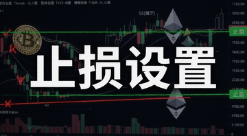 加密货币止损设置方法教程封面图,画面中央用粗体大字标注“止损设置”,背景是比特币和以太坊K线图,旁边有红色止损线和绿色止盈线对比,风格简洁科技感