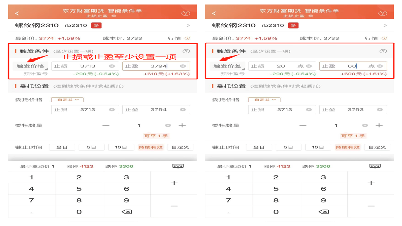 加密货币止损设置方法交易所条件单操作界面截图,展示币安或OKX的止损止盈设置页面,包含触发价格和委托价格输入框