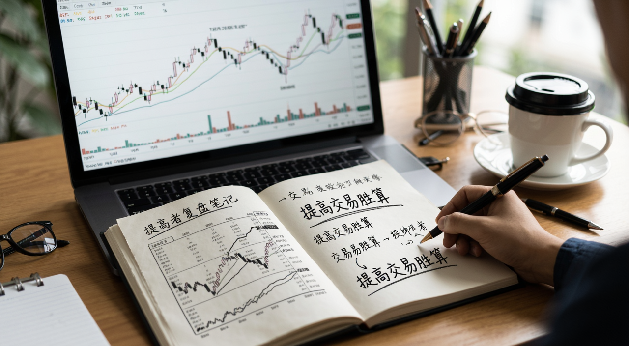 提高交易胜算 交易者复盘笔记 桌面图表 手写记录 数据走势 文字标注“提高交易胜算”