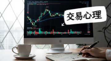 提高交易胜算 交易心理 冷静分析 电脑屏幕K线图 咖啡杯 笔记 文字标注“交易心理”