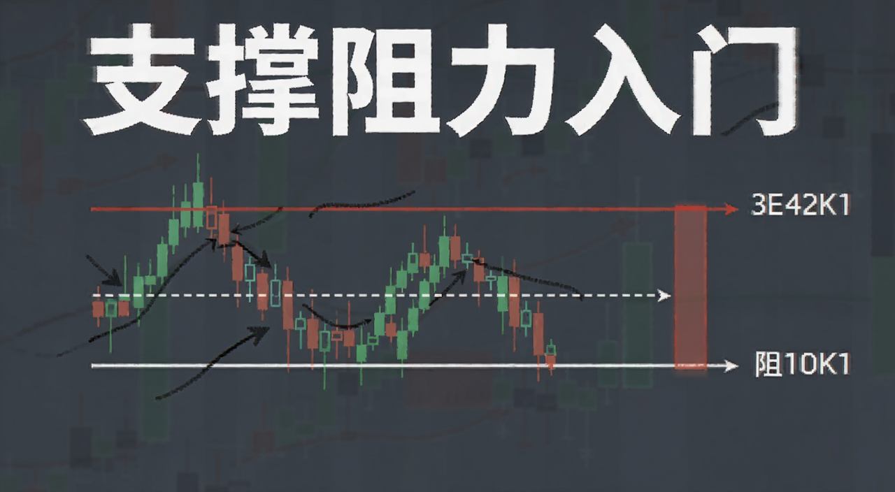 支撑阻力交易入门教程示意图,图中标注支撑位和阻力位,配有文字“支撑阻力入门”