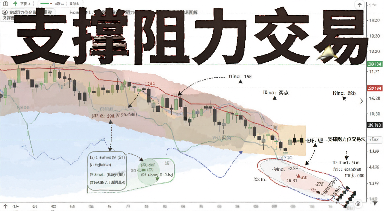 支撑阻力位交易法实战图解,标注买卖点和止损位置,文字“支撑阻力交易”