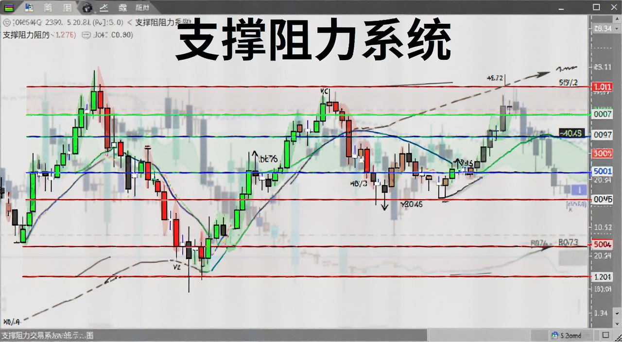 支撑阻力交易系统示意图,展示水平支撑阻力线和价格反应,文字“支撑阻力系统”