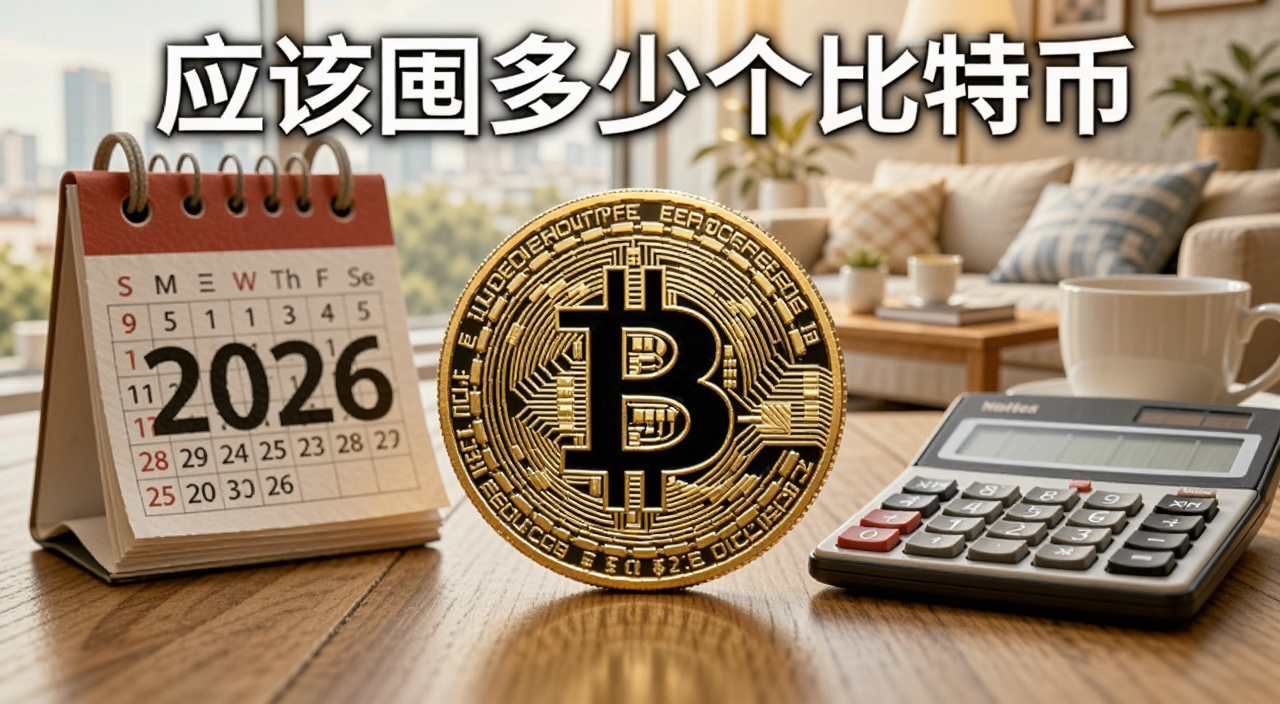 比特币财务自由退休概念图,画面中央一枚金色比特币标志,旁边有日历标注2026,背景是退休生活场景和计算器,文字标注“应该囤多少个比特币”