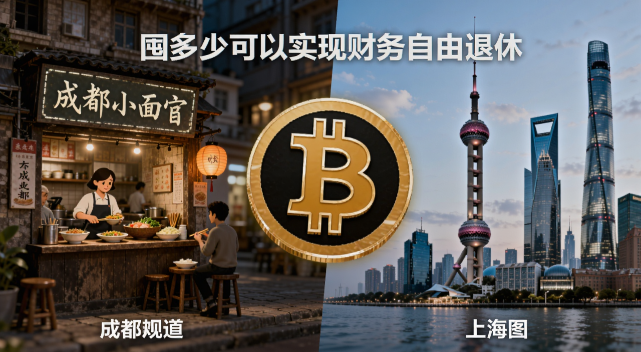 不同城市生活成本对比图,左侧成都小面馆,右侧上海高楼,中间比特币符号,文字标注“囤多少可以实现财务自由退休”