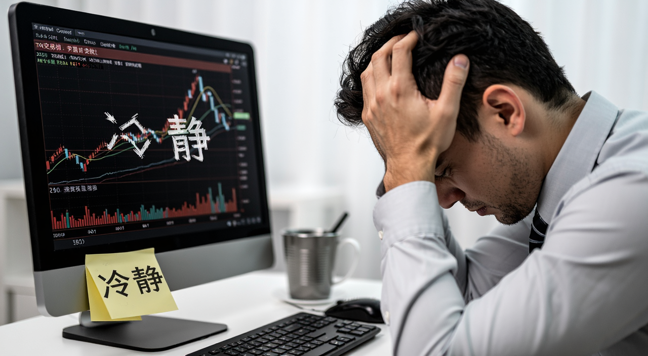 交易员双手抱头表情沮丧,电脑屏幕上显示连续亏损的交易记录,桌上放着写有“冷静”字样的便签纸,体现情绪化交易后的懊悔状态,画面中文字注明“冷静”
