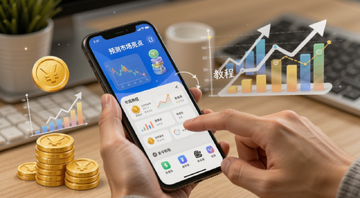 预测市场成亮点 新手在手机上操作预测市场App 手指点击屏幕 旁边有金币和图表元素 文字标注新手教程