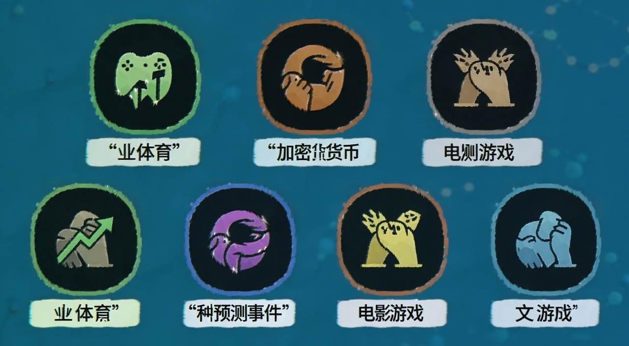 预测市场成亮点 多种预测事件图标 体育 加密货币 电影 游戏 文字标注常见玩法
