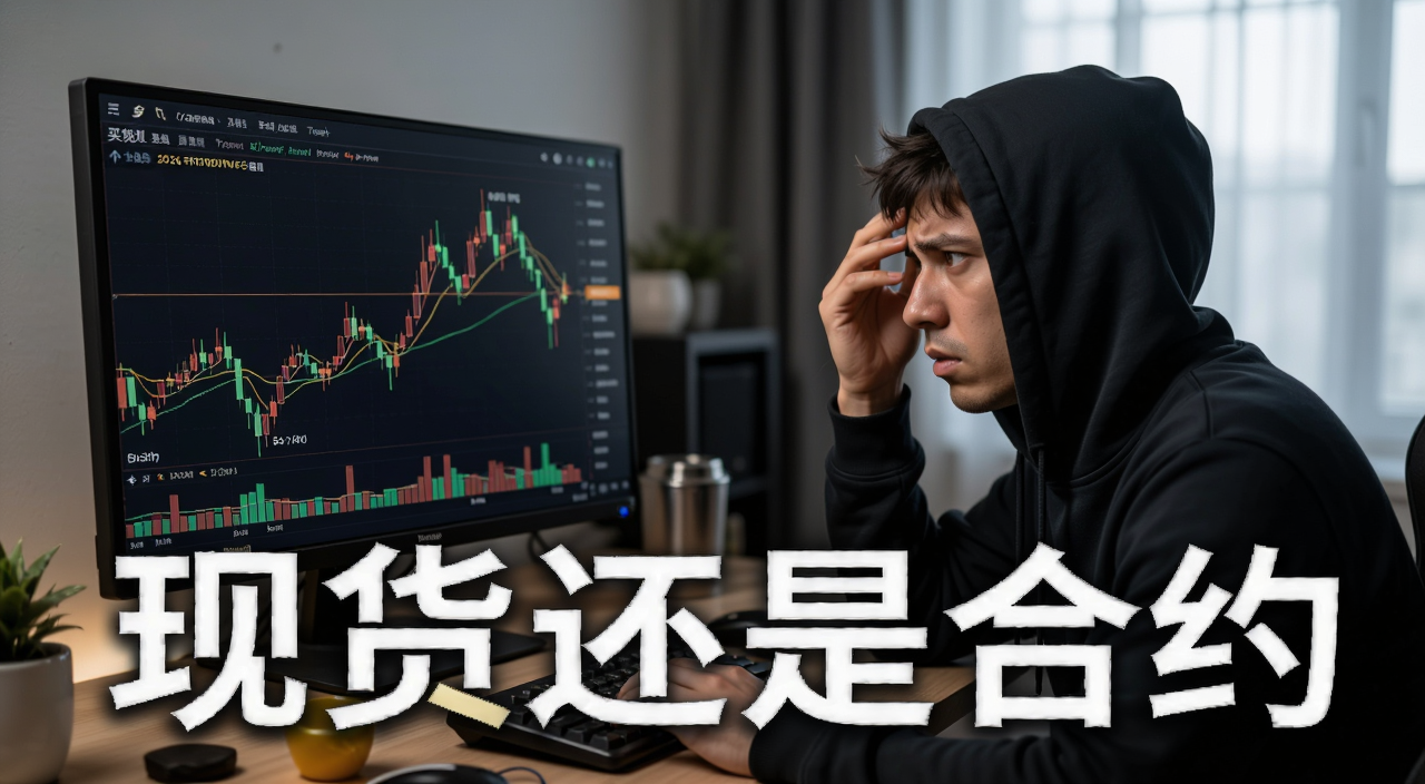 2026币圈新手必读 买现货和玩合约哪赚钱 哪个更适合你 一个新手坐在电脑前看着比特币K线图纠结现货还是合约 图片上要出现文字“现货还是合约”