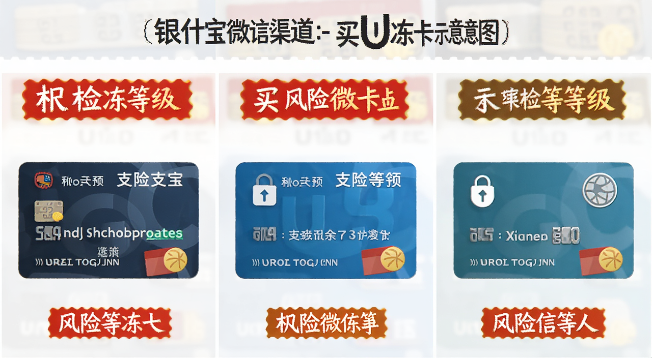 银行卡支付宝微信买U冻卡对比示意图,文字标注三种渠道风险等级