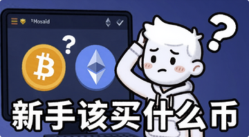 一个卡通风格的新手小白站在加密货币交易所界面前挠头困惑,屏幕上有比特币和以太坊图标,旁边有问号,文字标注“新手该买什么币”