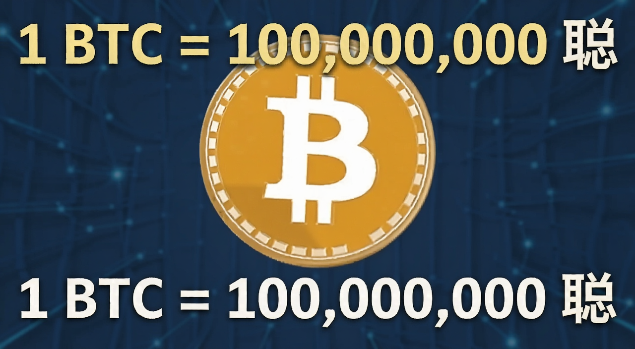 比特币最小单位聪Satoshi的科普示意图,画面中有比特币符号和“1 BTC = 100,000,000 聪”的文字标注,核心关键词聪