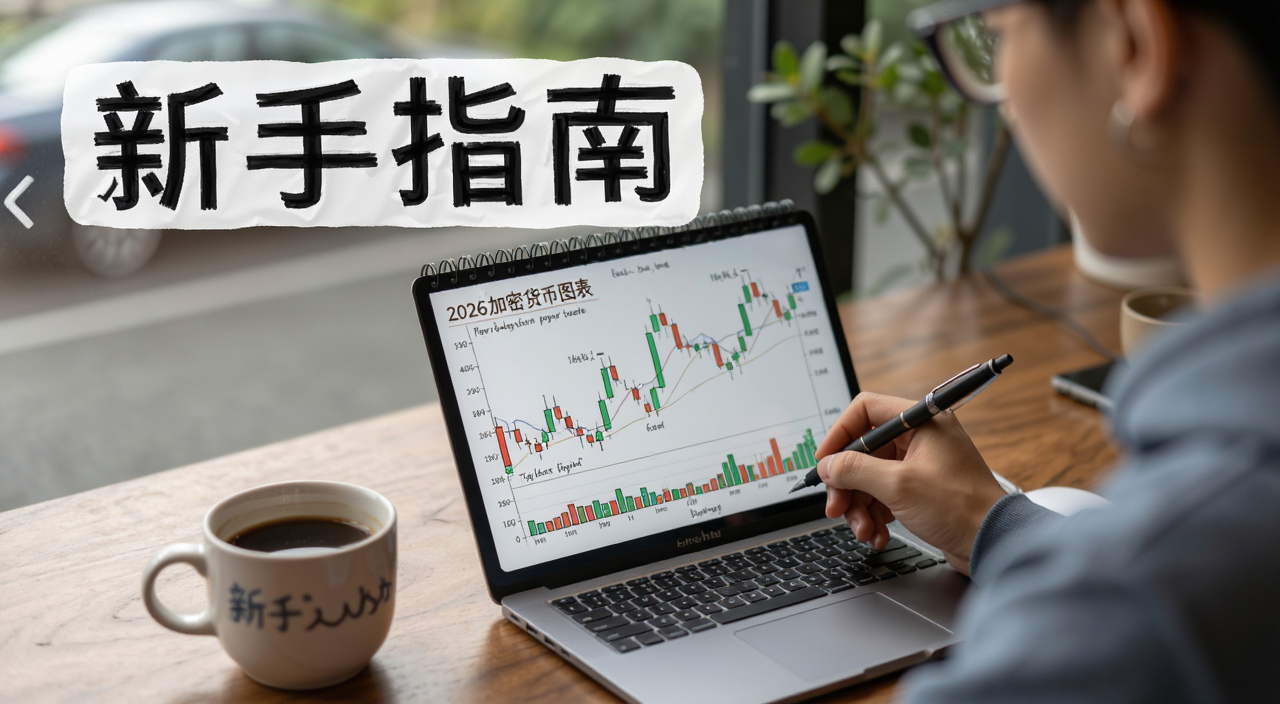 2026年加密货币图表新手教程,一位新手在笔记本上记录K线要点,旁边放着咖啡,氛围轻松,标注“新手指南”文字