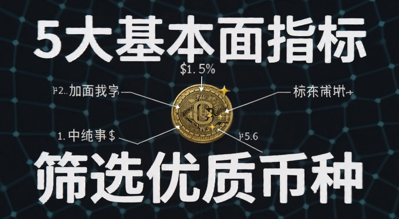加密货币基本面指标分析图,图上标注5个核心指标文字说明,包含文字“5大基本面指标”和“筛选优质币种”