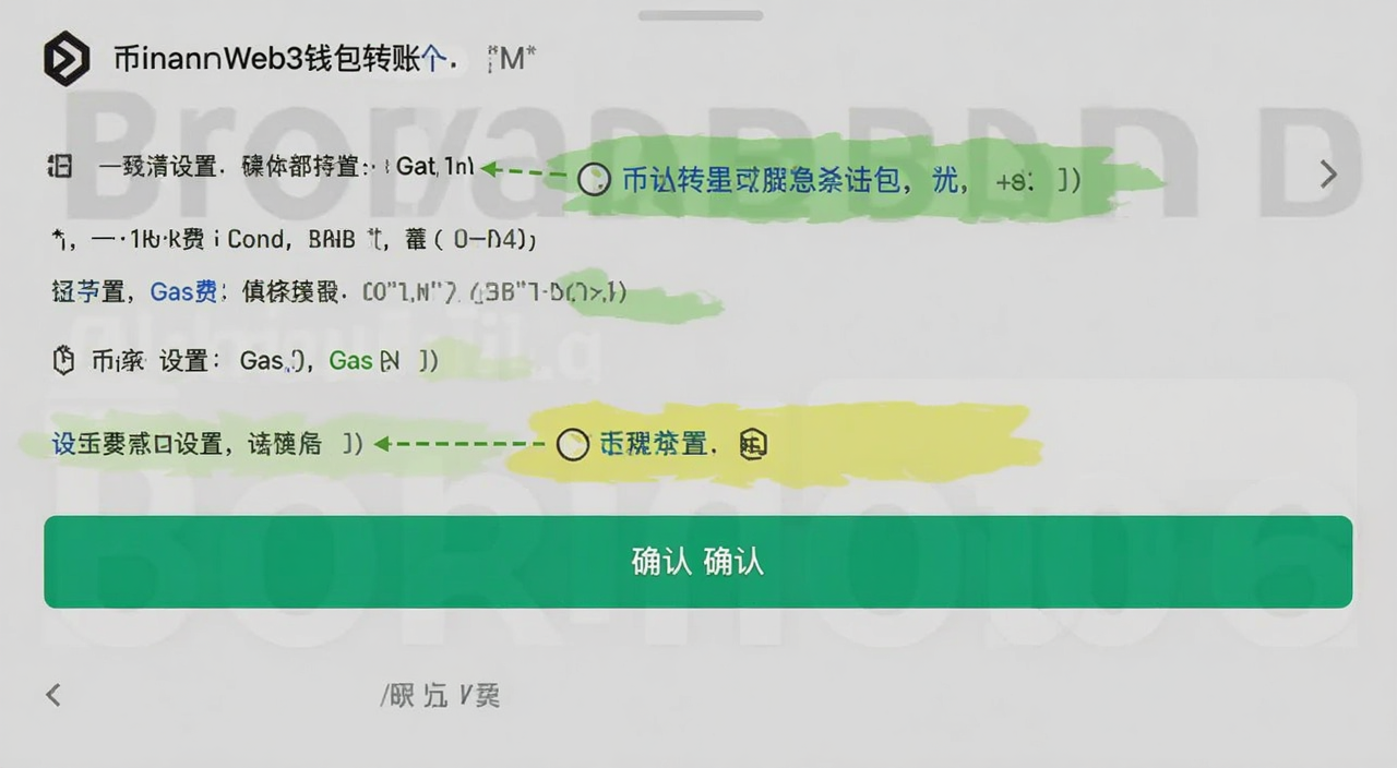 币安Web3钱包转账操作步骤截图,标注Gas费设置和确认按钮