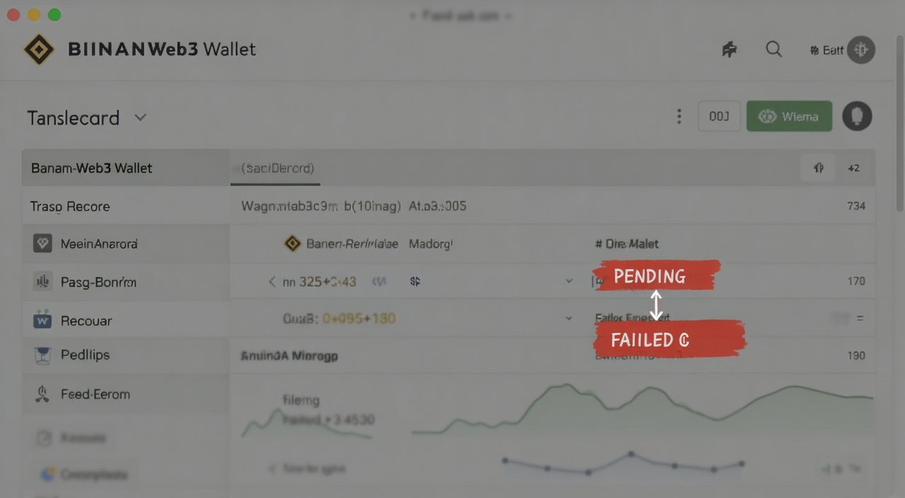 币安Web3钱包交易记录页面截图,标注pending和failed状态