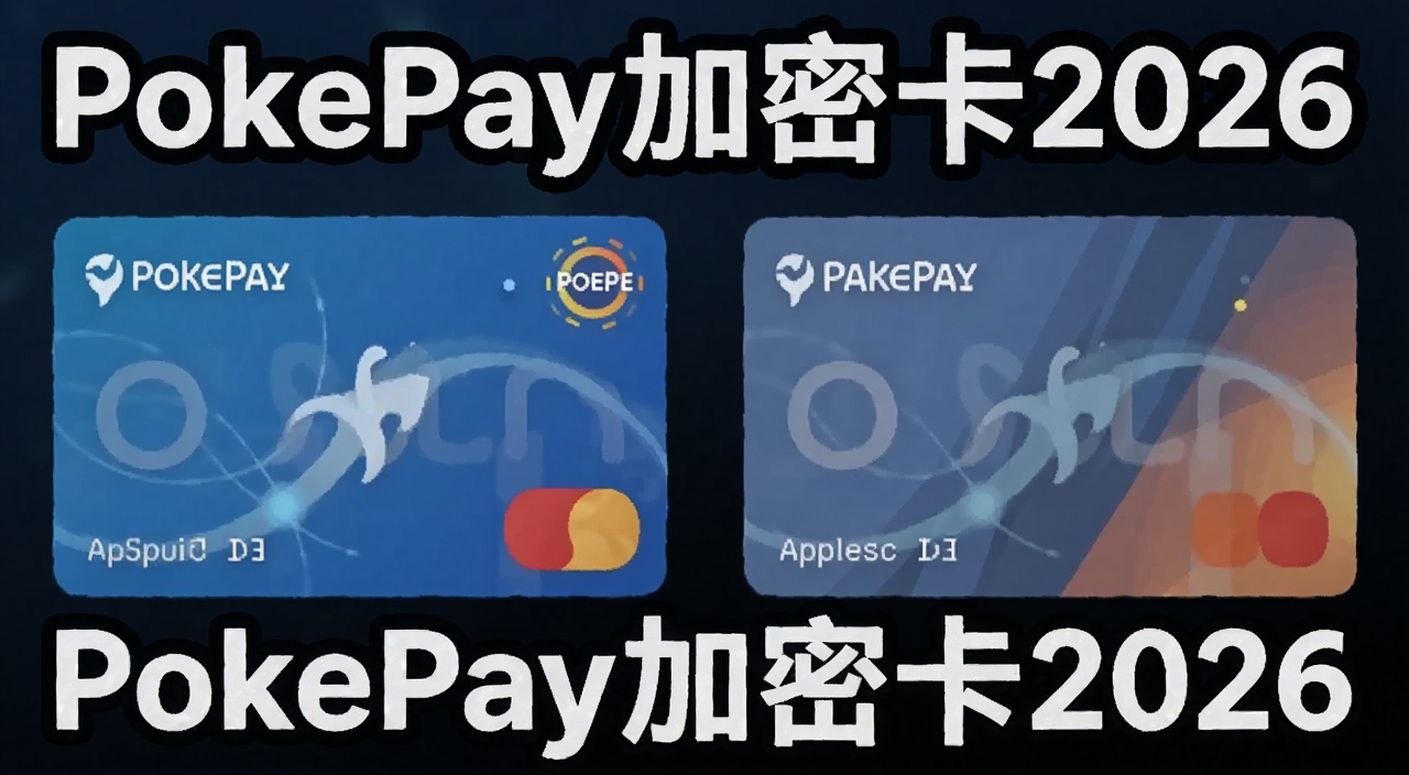 一张展示PokePay加密卡2026申请开卡全攻略的手机界面截图,画面中有虚拟卡和实体卡对比,文字注明“PokePay加密卡2026”