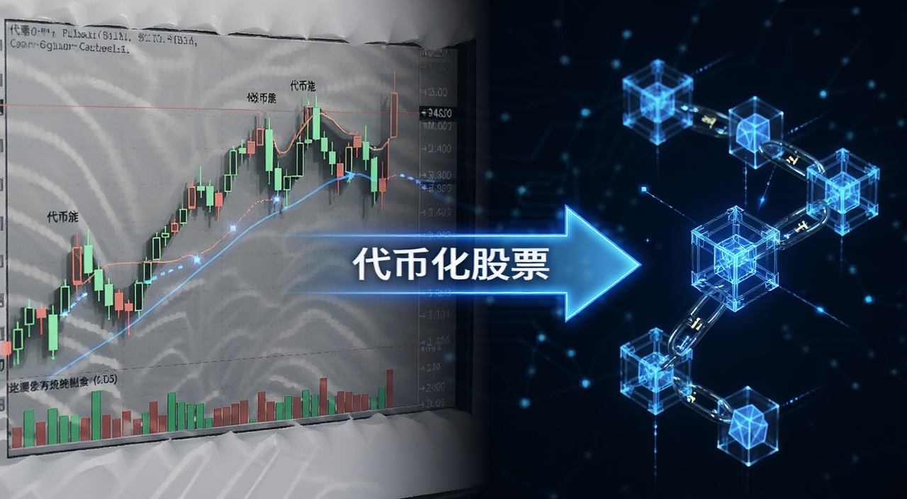 代币化股票与传统股市区块链融合概念图,画面左侧是传统股票K线图右侧是区块链节点链条中间用箭头连接,标注“代币化股票”文字