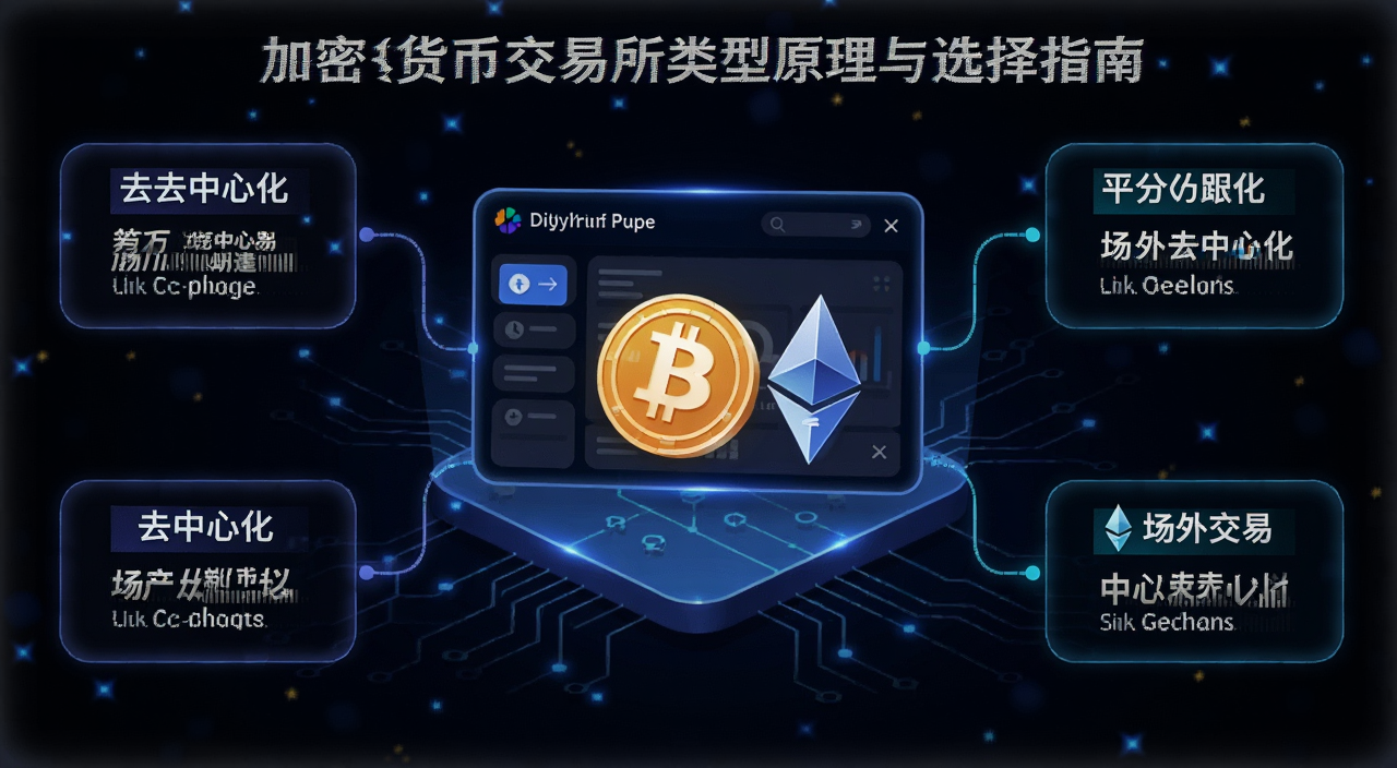 加密货币交易所类型原理与选择指南概念图,画面中央是数字货币交易平台界面与比特币以太坊图标,旁边用文字标注中心化去中心化场外交易等类型,整体风格简洁科技感