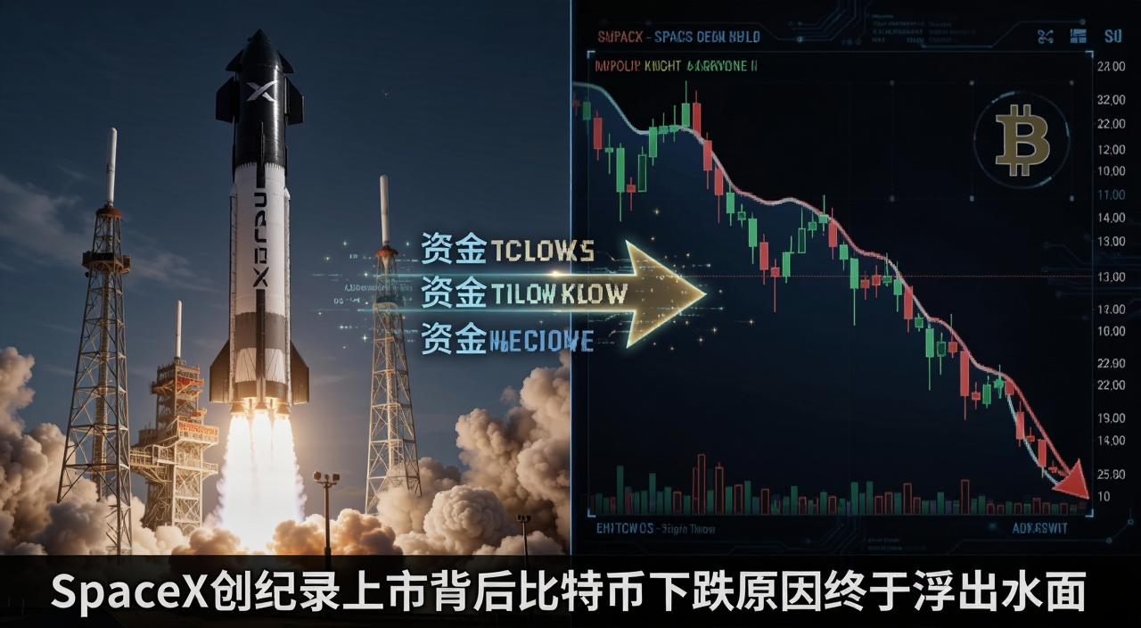 SpaceX火箭发射与比特币K线同框的财经概念图,画面左侧是SpaceX星舰升空,右侧是比特币价格下跌曲线,中间用资金流向箭头连接,底部标注SpaceX创纪录上市背后比特币下跌原因终于浮出水面,整体风格偏科技财经资讯配图