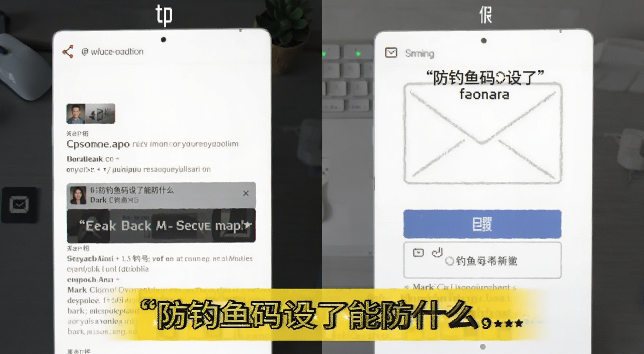防钓鱼码在邮件和登录页的展示对比图,左边真邮件带暗号,右边假邮件没有,关键词“防钓鱼码设了能防什么”