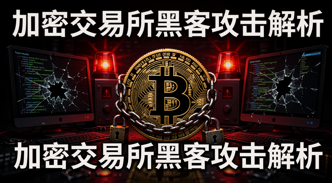 加密交易所黑客攻击解析插图,画面中心是一个被锁链缠绕的比特币符号,背景是暗红色警报灯光,旁边有破碎的电脑屏幕和闪烁的代码,整体氛围紧张悬疑,图中文字注明“加密交易所黑客攻击解析”